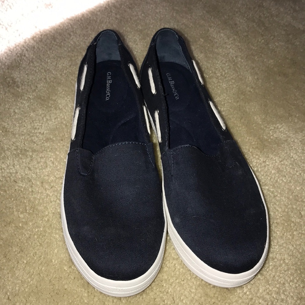 Navy blue boat shoes.